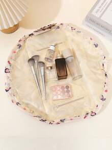 1pc Large Capacity Slouchy Drawstring Makeup Storage Bag, Lipstick Glasses Smiling Face Pattern Printed Polyester Fabric, 1-Second Quick Fold, Portable Travel Vacation Business Trip Organizer, Fits In Suitcase, Suitable For Women, All Seasons, Home Storage - Multicolor - View 10