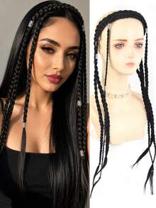 24 Inch Boho Pre Braided Headband For Women Long Hanging Synthetic Braids With Silver Decor Hairpiece For Daily Party Music Festival Halloween - Multicolor - View 11