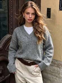 Chic Women's Fuzzy Gray Pullover Sweater, Regular Length V-Neck With Long Sleeves And Rib-Knit Cuffs, High Stretch For Comfortable Fall & Winter Wear - Grey - View 4