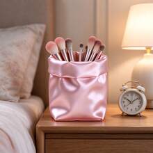 Pink Satin Texture Storage Cup, Ruched Drawstring Makeup Brush Holder, Creative Desktop Stationery & Sundries Organizer, Girly Bedroom Vanity Decor, Birthday Gift For Best Friend/Girlfriend, Nordic Luxury Home Decor, B&B Model Room Display - View 1