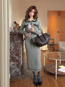 Bow Detail Button Front Knit Cardigan And Midi Skirt Set, Long Sleeve, Slim Fit, Soft Stretch, Grey Elegant Fall Winter Sweater Sets For Women - Grey - View 4
