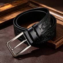 1pc Men's Buckle Belt, Exquisite Embossed Soft Strap, Fashionable Versatile Belt, Alloy Buckle Belt, Suitable For Jeans - Perfect Gift For Father And Husband - Black - View 5