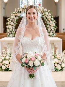 1pc Fingertip Length Bridal Veil, Lace Trim Mantilla Style, With Comb, Bridal White And Ivory - Multicolor - View 6