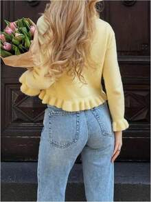 Women's Solid Color Knit Button, Ruched Trim, Pearl Frill Trim Long Sleeve Sweater, Autumn/Winter - Yellow - View 3