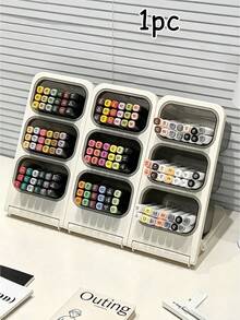1pc 3-Tier Large Capacity Slanted Pen Holder, Dust-Proof Desktop Pen Rack, Stationery Storage Bin (Pens Not Included), With Slanted Compartments To Save Desk Space, Suitable For Desk, Office, Craft Room; Multi-Functional Learning Storage Box, Back To School Essential, Can Store Markers, Pencils, Pens, Painting Brushes - Multicolor - View 3