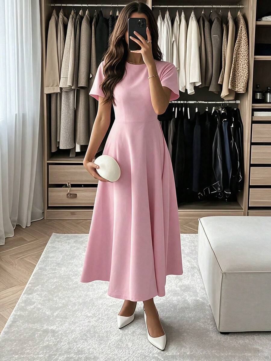 PoPoHouse Women's Elegant Sexy Short Sleeve Round Neck Long Dress, Suitable For Party, Commute, Vacation Pink Summer - Pink - View 1