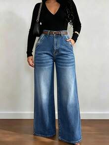 Women's Casual Minimalist Versatile High-Waisted Straight Leg Washed Solid Color Denim Jeans, Suitable For Daily Wear - Medium Wash - View 6
