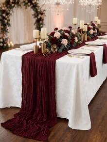 3PCS Wine Red Cheesecloth Table Runner, Boho Gauze Tablecloth, Crinkle Semi-Sheer Table Runner For Wedding, Birthday, Baby Shower, Party, Dinner, Event & Home Table Decor - Multicolor - View 6