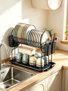 2‑Tier Dish Drying Rack, Countertop Dinnerware Organizer With Cup Hooks & Utensil Caddy, Removable Drip Tray For Plates Bowls Glasses Cutlery, Sink‑Side Storage For Apartment Dorm Compact‑Space Household - Multicolor - View 10
