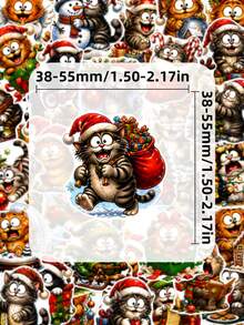 50Pcs Christmas Funny Cat Stickers, Cute Xmas Kitty With Santa Hat Decals For Journaling Scrapbooking, Cartoon Holiday Kitten Stickers For DIY Crafts Gift Packaging - Multicolor - View 5