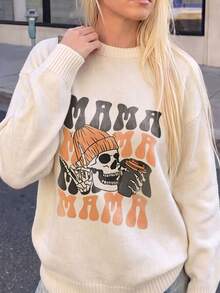 Women's Knitted Pullover Sweater, Ribbed Details, Long Sleeve Crew Neck, Autumn/Winter Mom Style Outfit Choice - Apricot - View 2
