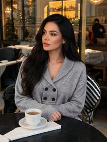 Vexica Women's Sexy Grey Collared Knit Sweater, Long Sleeve Button Front Fall Top For Night Out, Going Out And Daily Wear - Grey - View 4