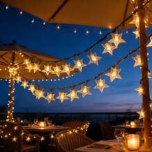 Solar Powered Warm White Star String Lights, 5M20LED, 7M50LED, 12M100LED Multiple Specifications Available, Ideal For Garden Holiday Decoration. Hollow 3D Five-Pointed Star Design, Exquisite Craftsmanship, Warm Yellow Soft Light Gently Radiating, Sparkling Stars Under The Night Sky, Romantic And Healing Atmosphere. Built-In 8 Lighting Modes, Multiple Lighting Effects Freely Switchable. - Solar Star String Lights - View 9
