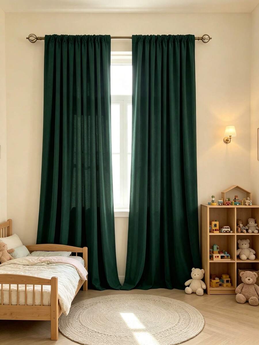 1PC Rod Pocket Vintage Deep Green Velvet Curtain, Delicate Matte ...