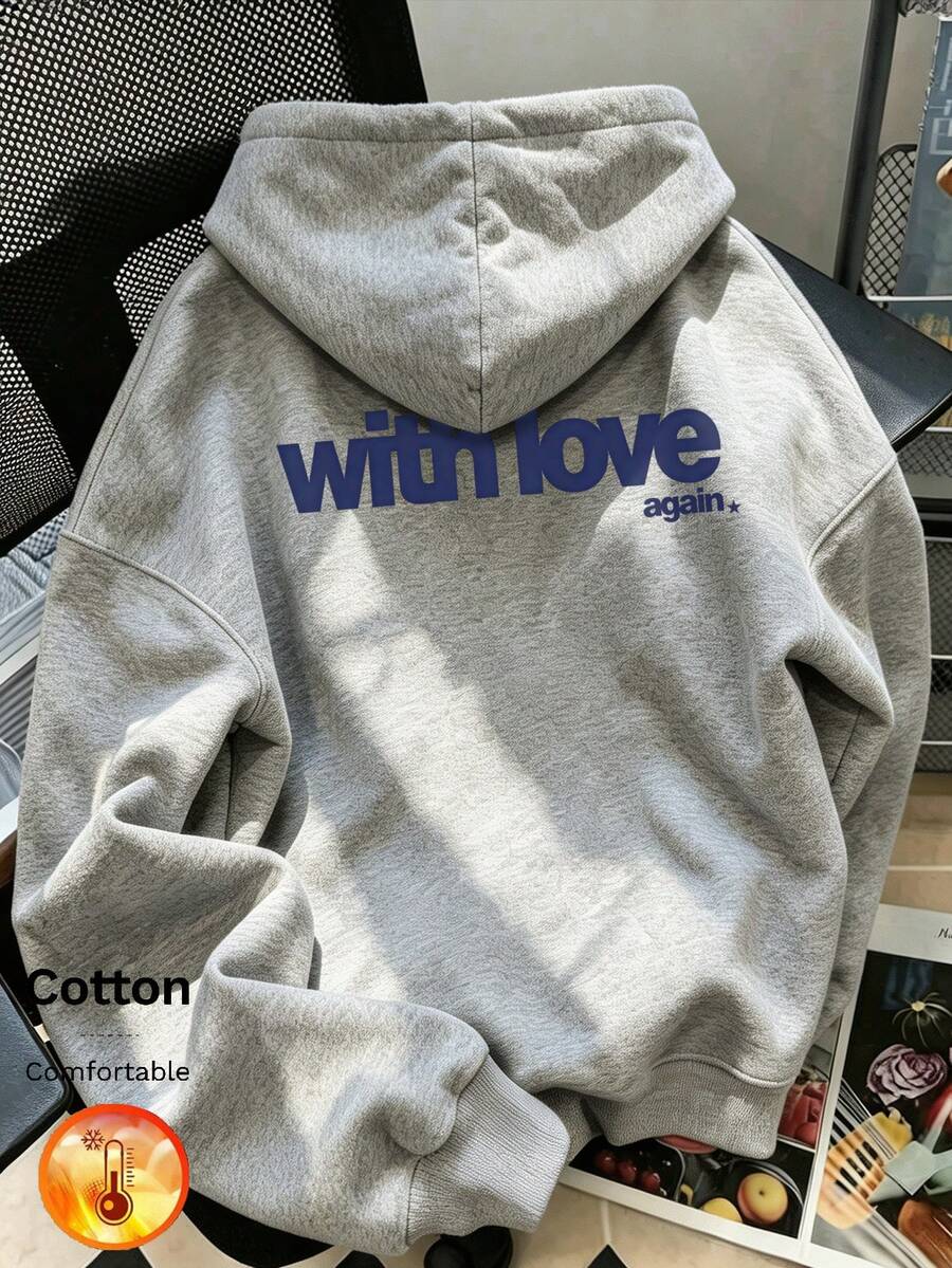 Women's Fleece Hooded Sweatshirt, "With Love Again" Printed On Back, Grey Long Sleeve Y2K Style, Autumn/Winter - Flower Gray - View 1
