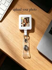 2D Personalized Photo Retractable Badge Holder (Black/White), Square Retractable Badge Clip/Card Holder Accessory, Suitable As A Gift For Nurses, Teachers And Office Staff - Multicolor - View 2