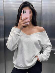 女款休閒抓絨內裡V領寬鬆衛衣，適合秋冬日常穿著、外出，秋冬服飾，灰色 - 淺花灰 - 查看 2