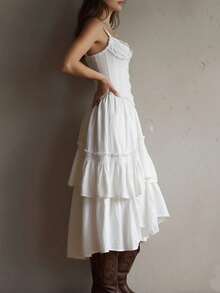 Vestido femenino tirantes decorado con encaje falda multicapa ajustable con lazo en espalda ligero para salidas - Blanco - Ver 4