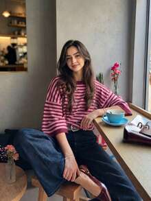 Women's New Autumn Contrast Color Striped Knit Top, Casual Daily Commute College Style - Maroon and Pink - View 6