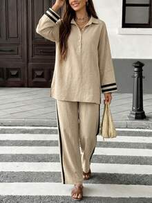 Women's Khaki 2 Pieces Set, Non-Stretch Lapel Long Sleeve Top With Wide Leg Pants, Suitable For Casual Home And Daily Wear - Khaki - View 5