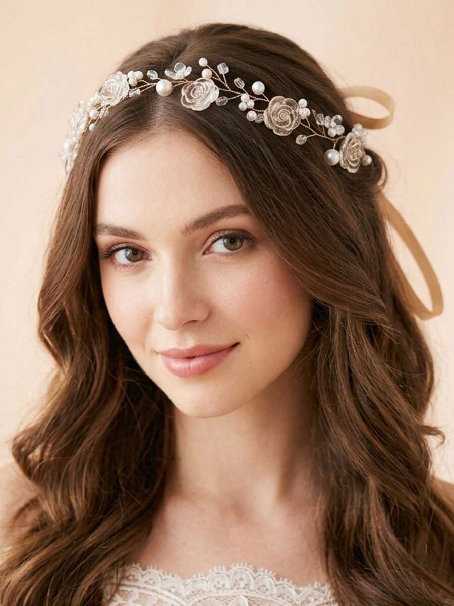 1pc Resin Flower Faux Pearl Crystal Beaded Tie-Up Cute Headband, Suitable For Bridal Wedding And Daily Hair Accessory - Gold - View 1