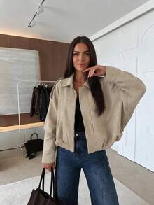 Chaqueta casual urbana de unicolor con bolsillo con cremallera delantera, chaqueta bomber de manga larga relajada, adecuada para primavera y otoño - Beis - Ver 1