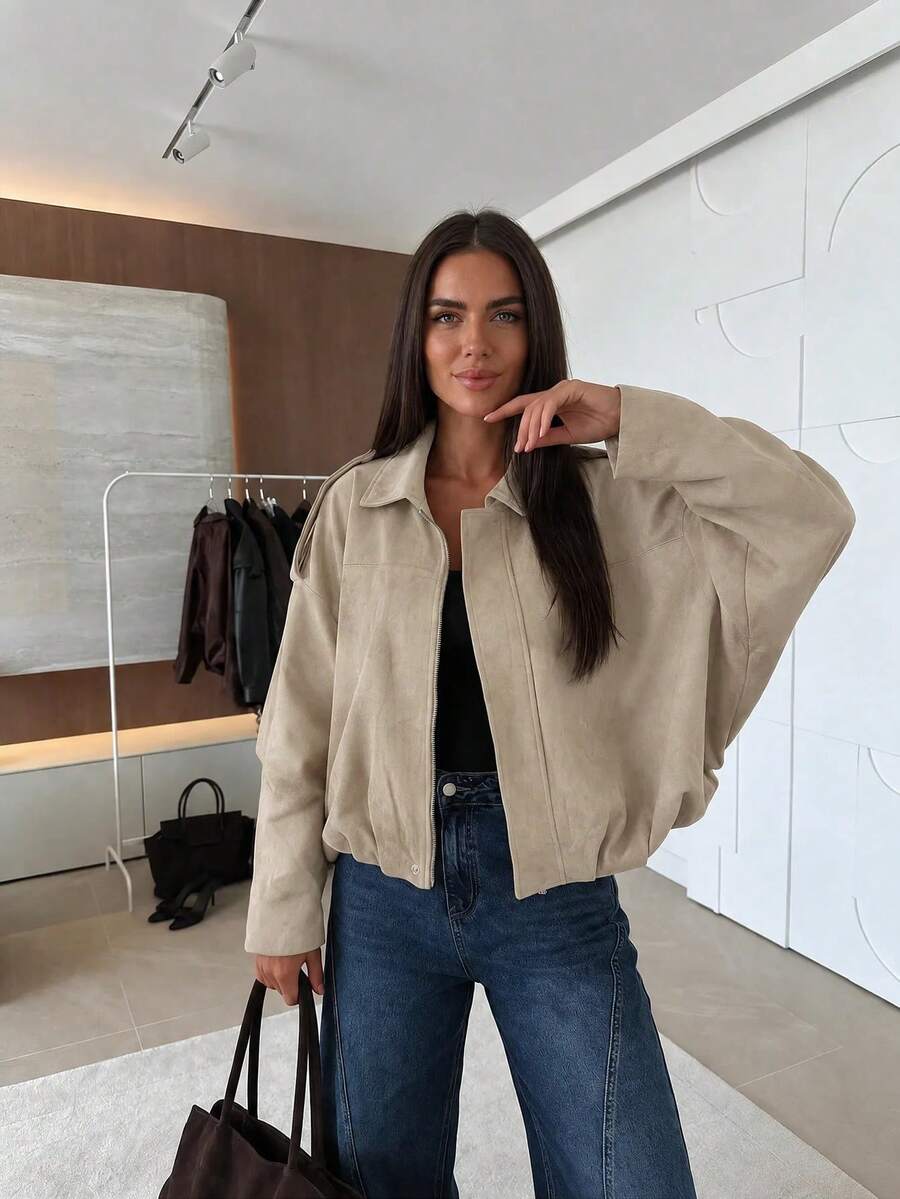 Chaqueta casual urbana de unicolor con bolsillo con cremallera delantera, chaqueta bomber de manga larga relajada, adecuada para primavera y otoño - Beis - Ver 1