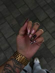 24Pcs Fall Winter Long Taper Press On Nails,Retro Cool False Nails,Wine Red Nude Cow Print With Gold Chain & Bead Metal Ornament Nail Kit With Jelly Glue & Nail File For Women - Brown - View 2