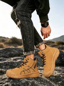 GAISIMA Men's Contrast Stitching High-Top Hiking Boots, Cargo Style Style Lace-Up Non-Slip Thick Sole Ankle Boots, Suitable For Camping And Daily Wear, Autumn/Winter - Mustard Yellow - View 6