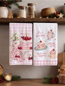 MEMNUN 2pcs Pink & White Plaid Cherry Cake Afternoon Tea Pattern Printed Kitchen Towels, Soft Polyester Material Dish Cloths, Suitable For Kitchen Decor, Kitchen Cleaning, Holiday Party Decoration, Kitchen & Bathroom Supplies Home Essentials, Home Decor, Housewarming Gift - Multicolor - View 8