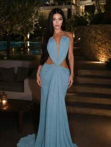 1pc Sexy Knitted Backless Evening Dress For Date Party - Blue - View 9