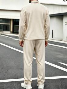 GOLDREDY Minimalist Waffle Texture Colorblock Patchwork Design Polo Half-Placket Long Sleeve With Solid Color Long Pants Men's Essential Polo Set - Apricot - View 2