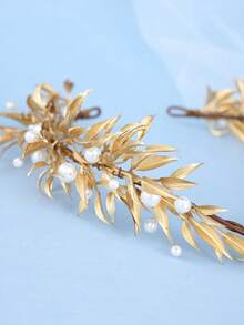 Minimalist Gold Leaf Pearl Bridal Headband Wedding Hair Accessories Women Bride For Prom Party Photo Shoot - Gold - View 6