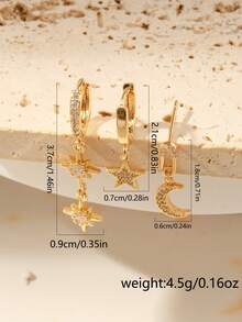 Nooxian 1組女款耳環，鍍金銅底座鑲水鑽星星、月亮與八角星環狀耳環，多吊飾風格女飾配件 - 金黃色 - 查看 5