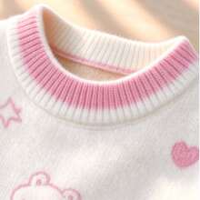 WUHUANG YIYI Girls 2pcs Set: Cream White Contrast Collar Sweatshirt With Puppy Applique, Star Moon Cartoon Animal Print, Long Sleeve Knit Pullover Sweatshirt And Beige Vertical Ribbed Knit Flared Pants, Sweet Cute Style For Autumn/Winter - White - View 4