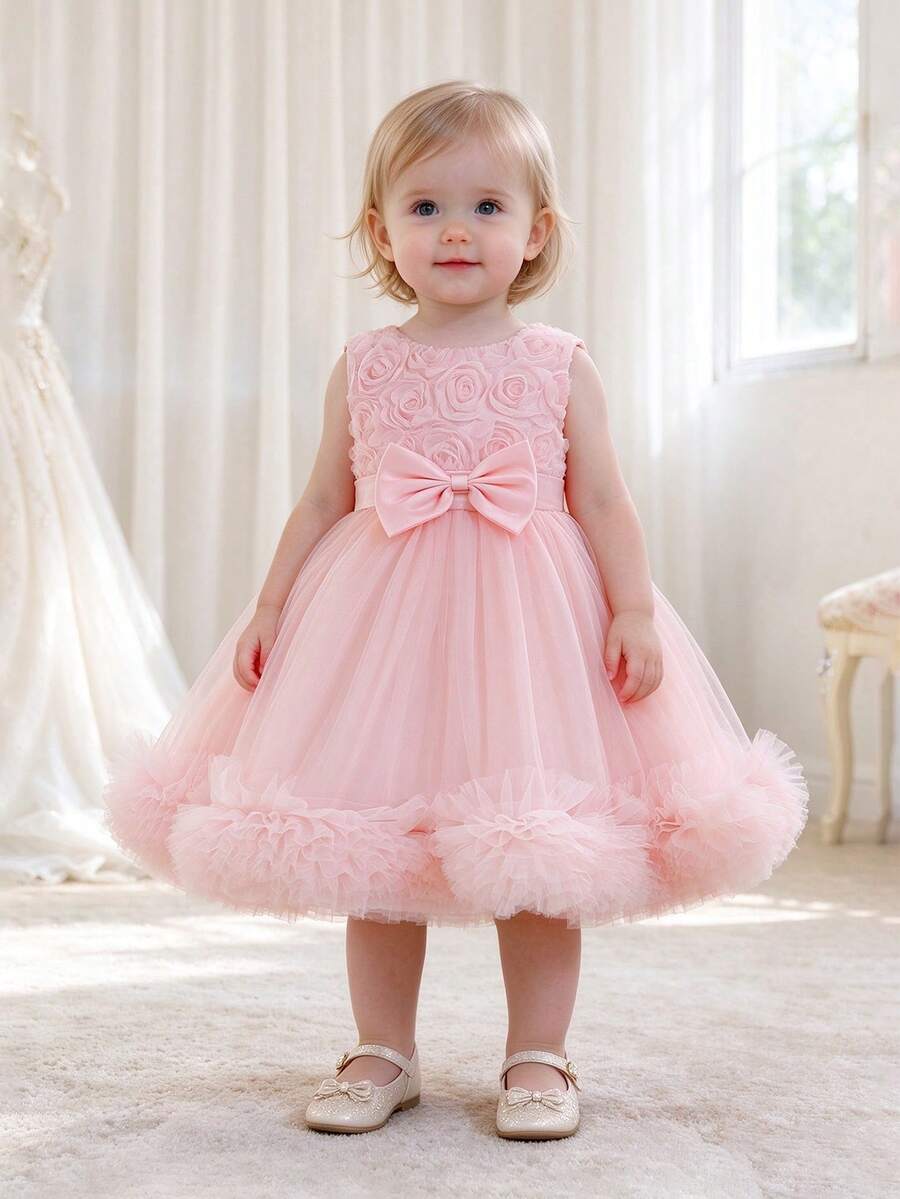 Baby Girls' 3D Rose Tulle Tank Princess Dress With Mesh Ruffle Design, Suitable For Flower Girl, Birthday Party, Performance And Other Occasions - Pink - View 1