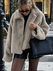Live To Mo Women's Vintage Style Long Sleeve Cardigan Brown Faux Fur Coat, Suitable For Christmas And Daily Wear - Khaki - View 1