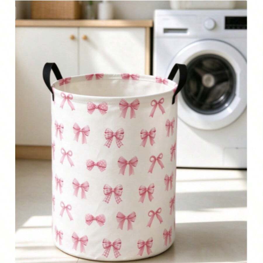 Large Bow Pattern Foldable Round Storage Basket, Multi-Functional Storage Bin, Suitable For Bathroom, Room, Laundry Basket, Dirty Clothes Basket, Large Capacity Room Clutter Storage Bin, Clothing Storage, Miscellaneous Storage - View 1