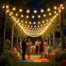 Create An Outdoor Starlit Night Scene With This Solar Star String Light, Available In 5M20LED, 7M50LED, 12M100LED Three Specifications, Soft Warm Light Is Gentle And Touching. Hollow Five-Pointed Star Design With Delicate Texture, Stars Arranged In A Staggered Pattern, Lighting Up With Soft And Misty Light And Shadow, As If The Starry Sky Fell Into The Courtyard. Comes With 8 Light Dynamic Modes, Constant, Flashing And Other Effects Can Be Freely Switched - Solar Star String Lights - View 9