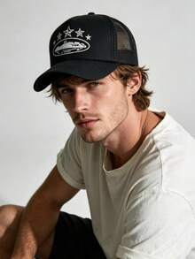 1pc Five-Point Star Embroidered Baseball Cap, Outdoor Sponge Mesh Baseball Cap, Summer Breathable Mesh Trucker Hat For Men And Women - Five Stars - View 2