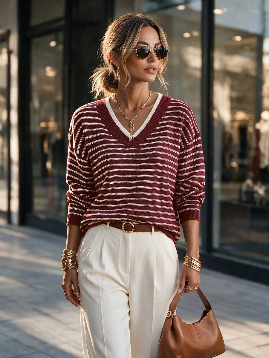 Fall & Winter Women's Pullover Sweater, Striped Long Sleeve V-Neck Top With Regular Length And Slight Stretch - Multicolor - View 1