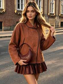 Women Elegant Brown Suede Jacket Fall Winter Christmas Lapel Single Breasted Loose Outerwear - Brown - View 6
