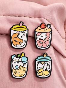 1pc/4pcs Cute Cartoon Brooch With Assorted Cat-In-Drink-Cup Patterns, Fashion Clothing Accessory Badge, Bag Lapel Pin, Gift For Friends - Multicolor - View 4