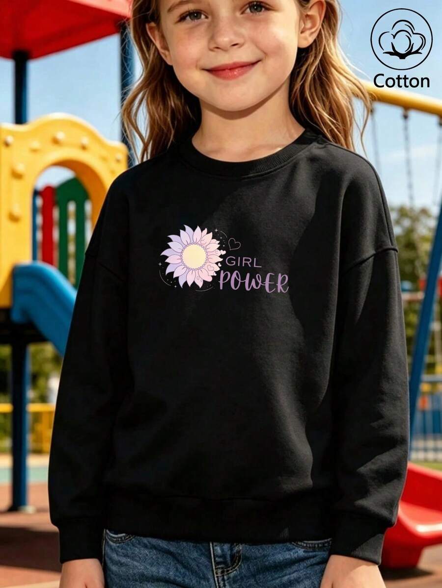 Girls' Black Crewneck Sweatshirt With Purple Floral Print And GIRL POWER Text - Black - View 1