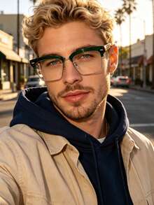 1 Pair Metal Square Frame Glasses, Suitable For Men To Wear At Formal Occasions, Vacations, Daily Wear, Work And Travel, Combining Fashionable Street Style - Green Frame - View 3