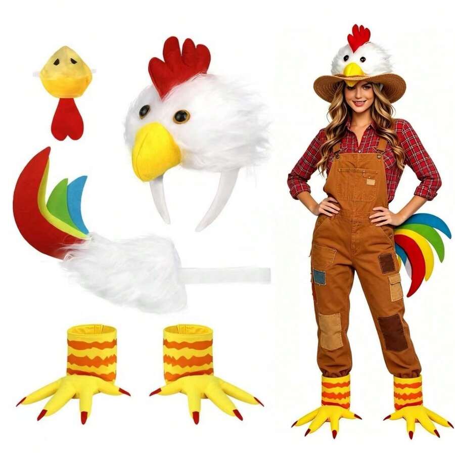 5pcs-Set/4/2 Halloween Animal Headband Rooster Headband Set White Feather Chicken Headband Costume Props For Halloween Party Costume - Multicolor - View 1