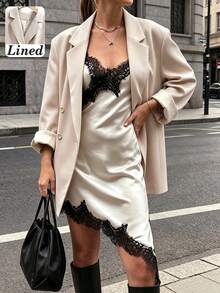 Women's Autumn/Winter Fashion Light Commute Oversized Padded Shoulder Mid-Length Single-Breasted One-Button Long Sleeve Blazer Jacket With Lining - Beige - View 1