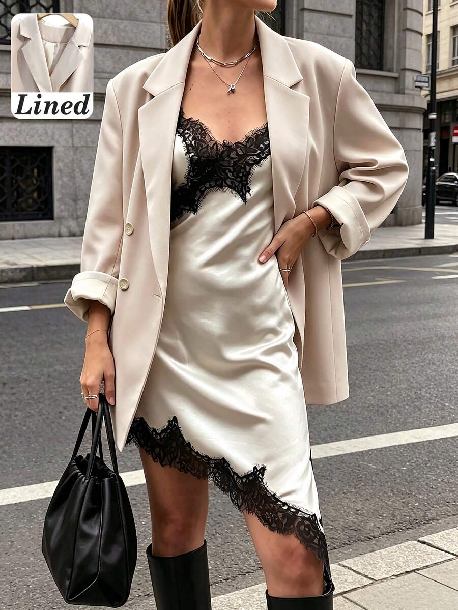 Women's Autumn/Winter Fashion Light Commute Oversized Padded Shoulder Mid-Length Single-Breasted One-Button Long Sleeve Blazer Jacket With Lining - Beige - View 1