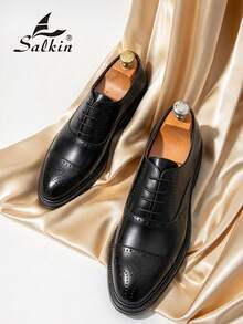 Salkin 时尚简约商务男士牛津皮鞋，布洛克系带圆头优雅正装皮鞋，绅士纯色防滑外底休闲正装鞋，适合派对、婚礼、社交场合、春夏秋季 - 黑色 - 查看 1