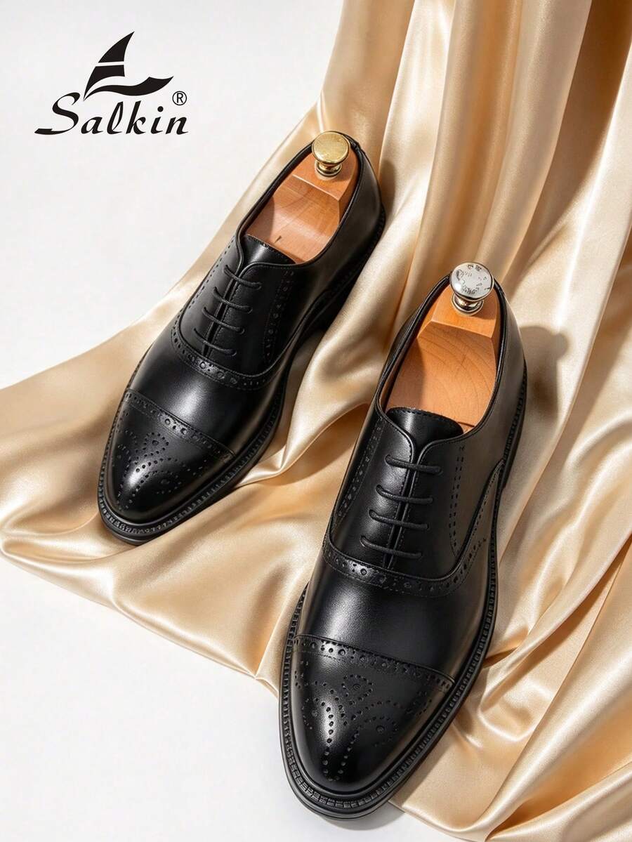 Salkin 时尚简约商务男士牛津皮鞋,布洛克系带圆头优雅正装皮鞋,绅士纯色防滑外底休闲正装鞋,适合派对、婚礼、社交场合、春夏秋季 - 黑色 - 查看 1